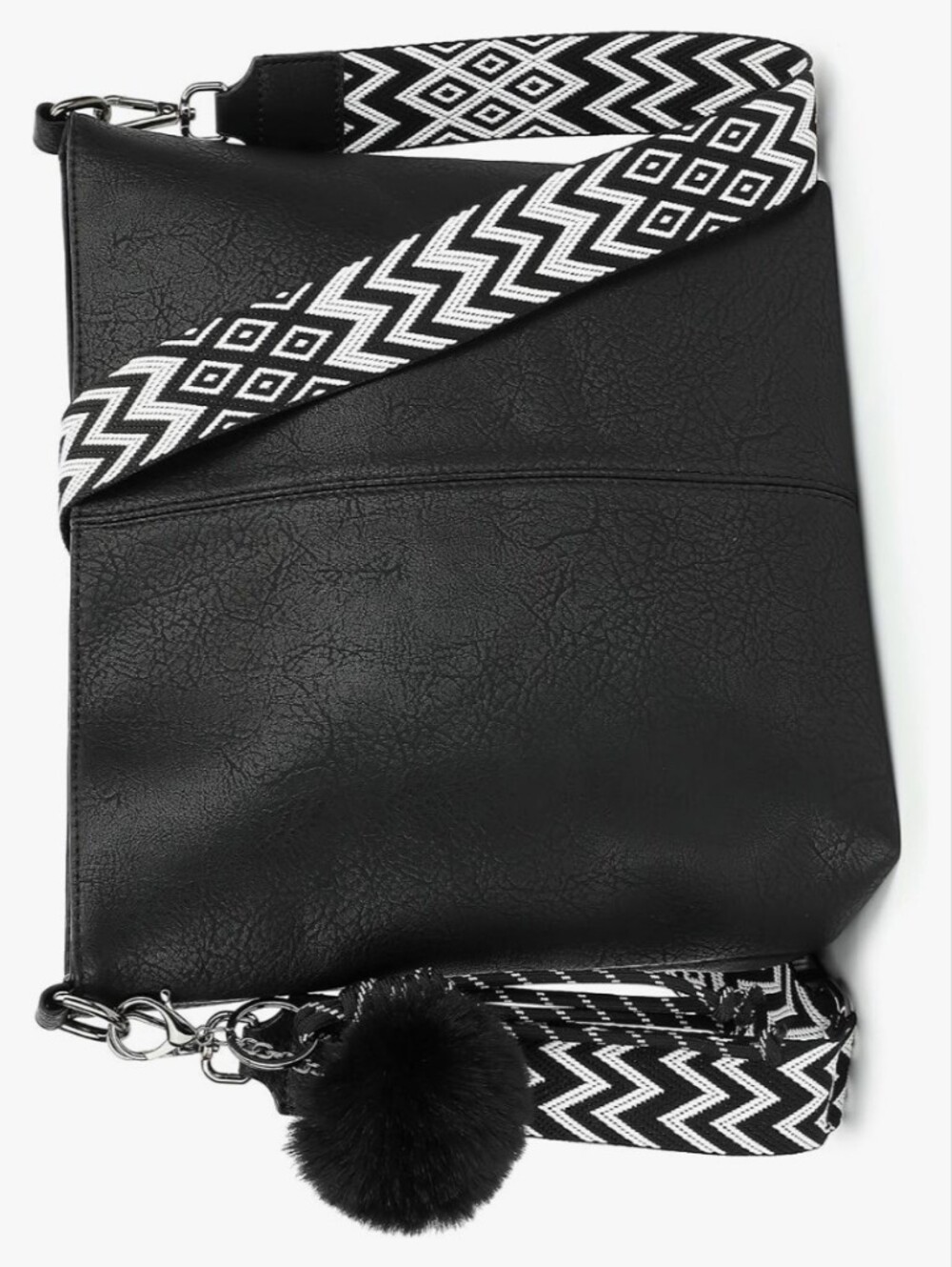Classic Black Vegan Leather Tote with Patterned Strap